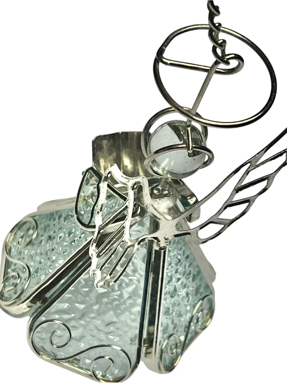 Vtg Silver Textured Glass Chior Angel Christmas Ornament Singing 4”+Hanger/chain